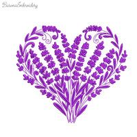 Botanical heart Lavender machine embroidery design in one color with delicate floral fill, romantic embroidery artwork.