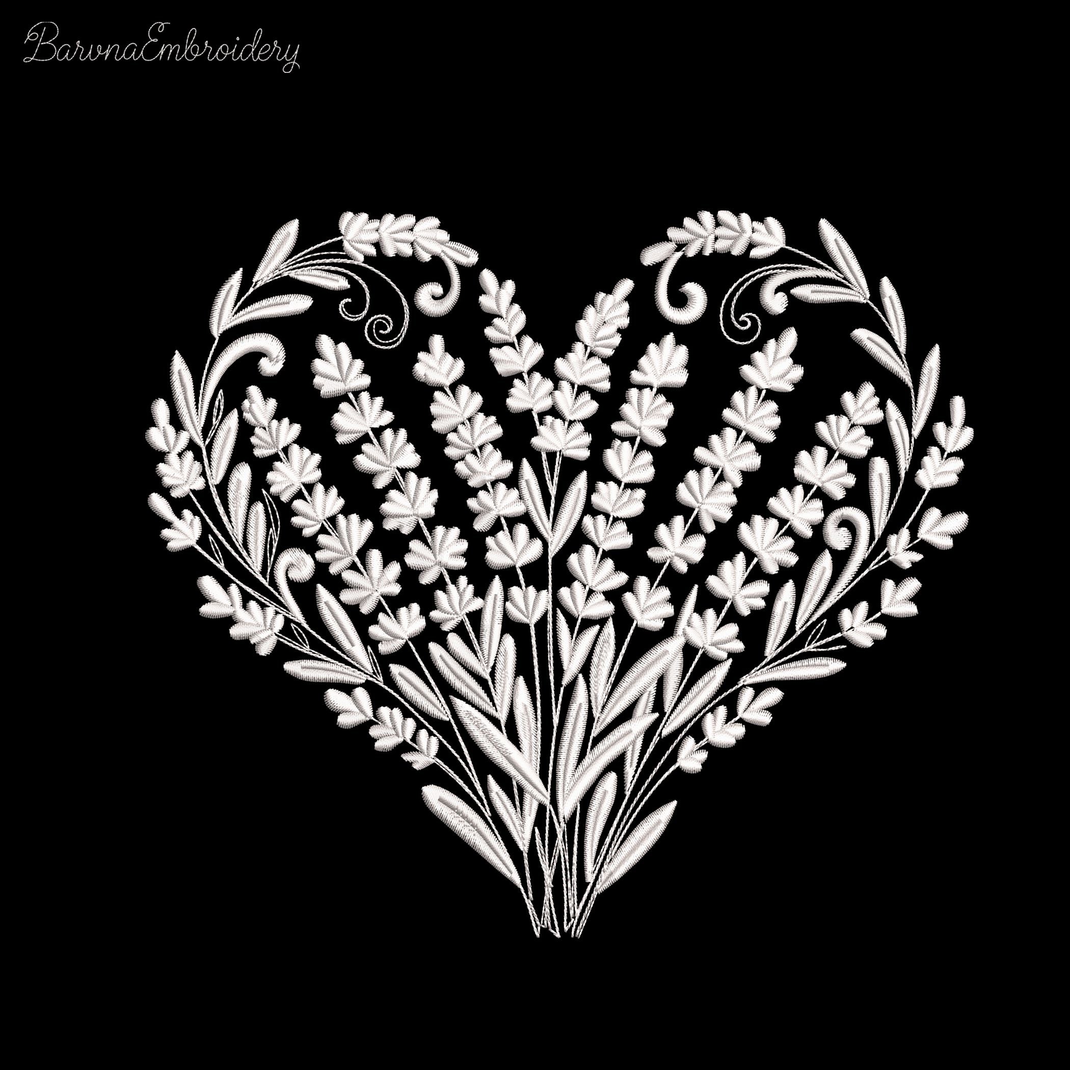 Botanical heart Lavender machine embroidery design in one color with delicate floral fill, romantic embroidery artwork.