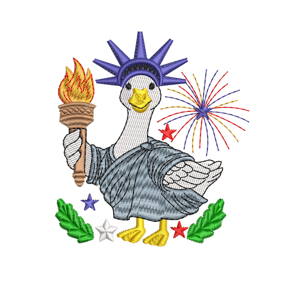 Patriotic goose embroidery design inspired by liberty statue style holding a torch