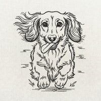 Long haired dachshund running front view line art embroidery file.