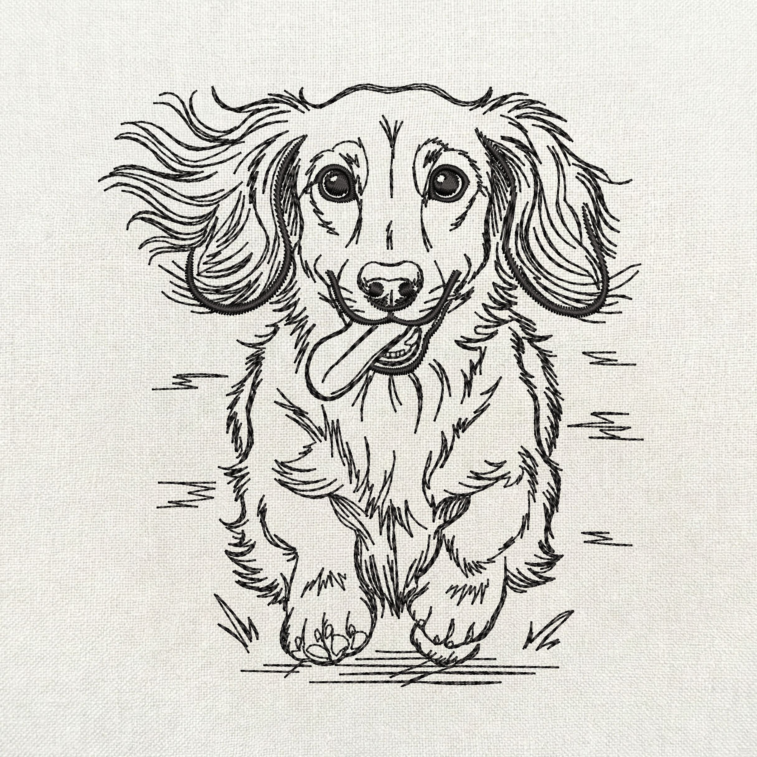 Long haired dachshund running front view line art embroidery file.