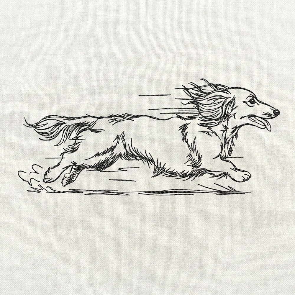 Long haired dachshund running side view embroidery design file.