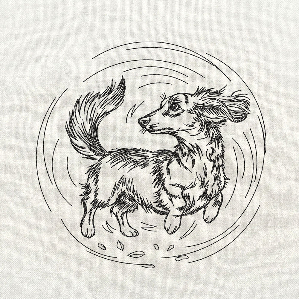 Long haired dachshund jumping joyful line art embroidery design.