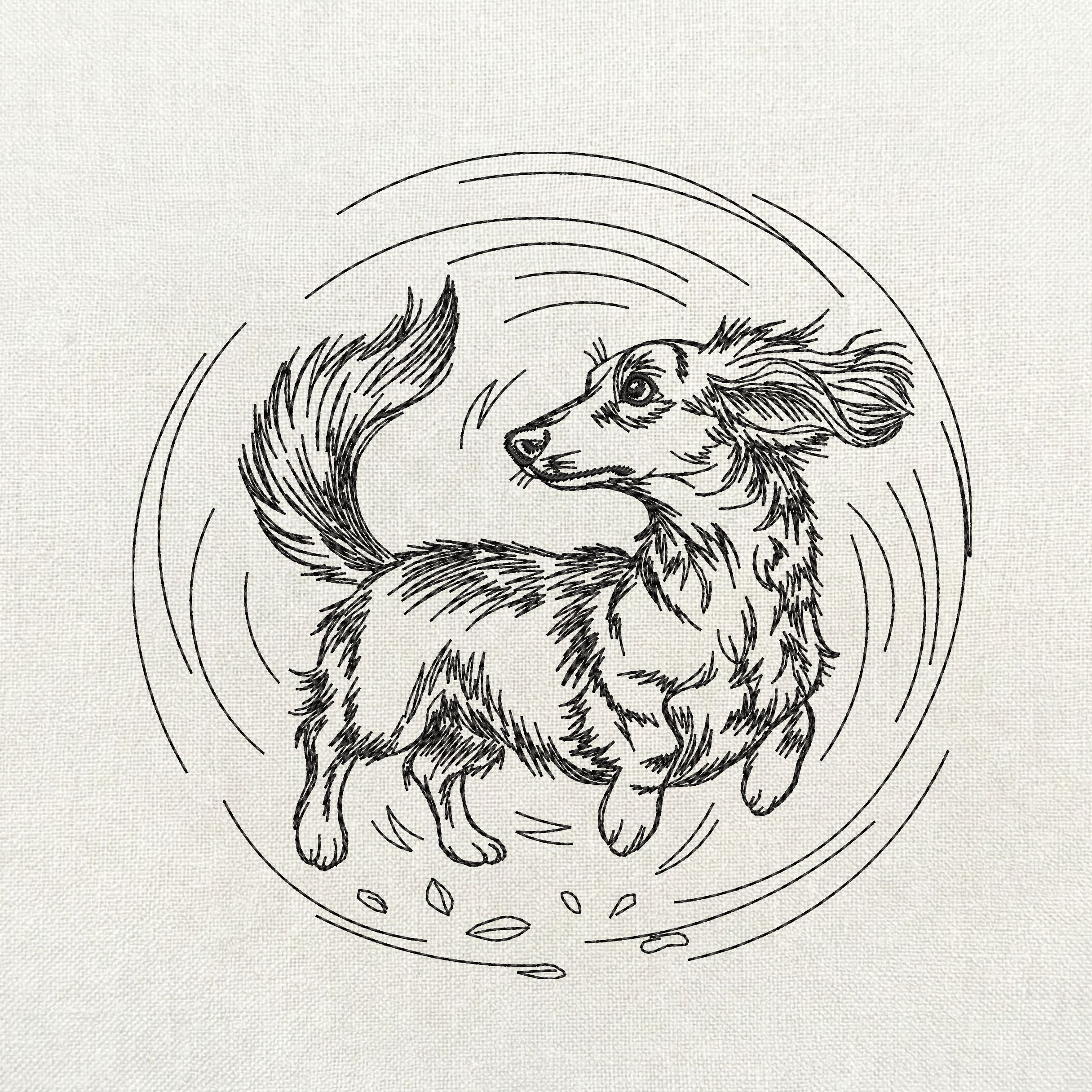 Long haired dachshund jumping joyful line art embroidery design.