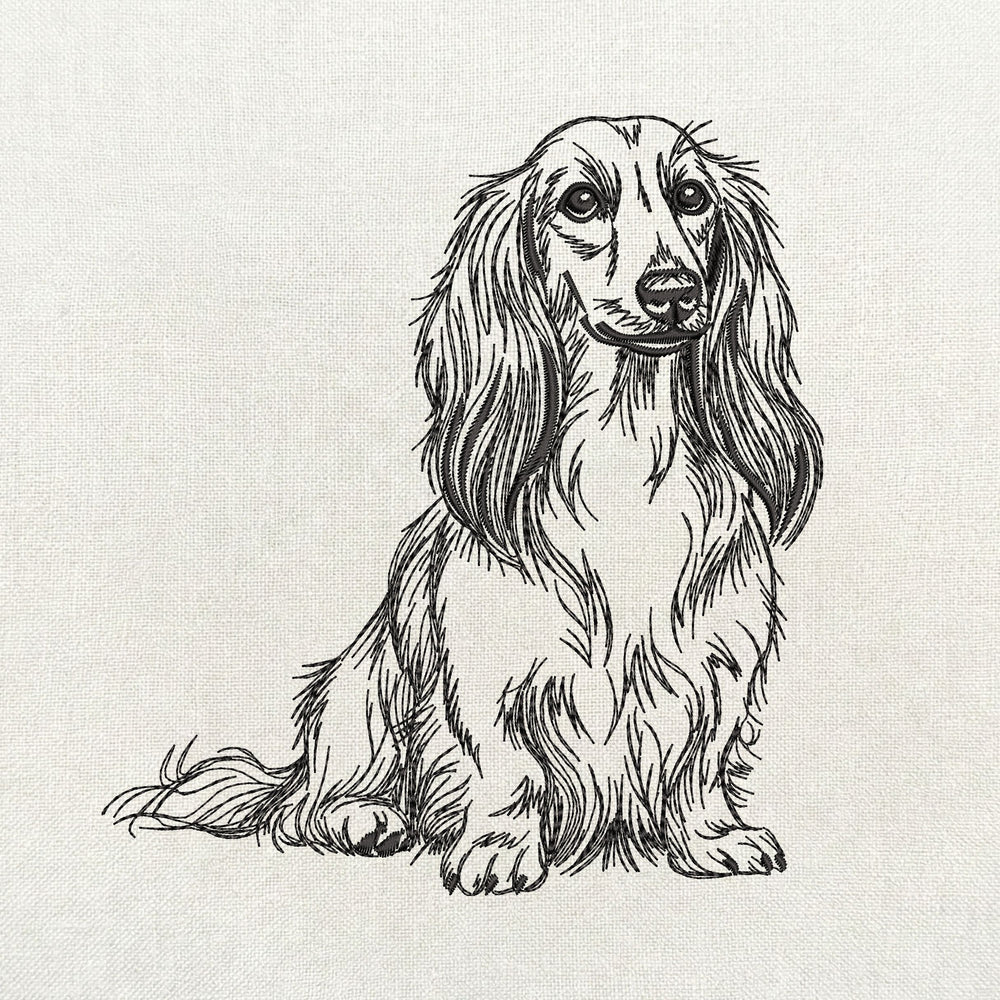 Long haired dachshund sitting upright single color embroidery design.