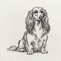 Long haired dachshund sitting upright single color embroidery design.