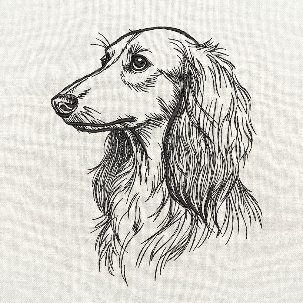 Long haired dachshund side profile portrait line art embroidery pattern.