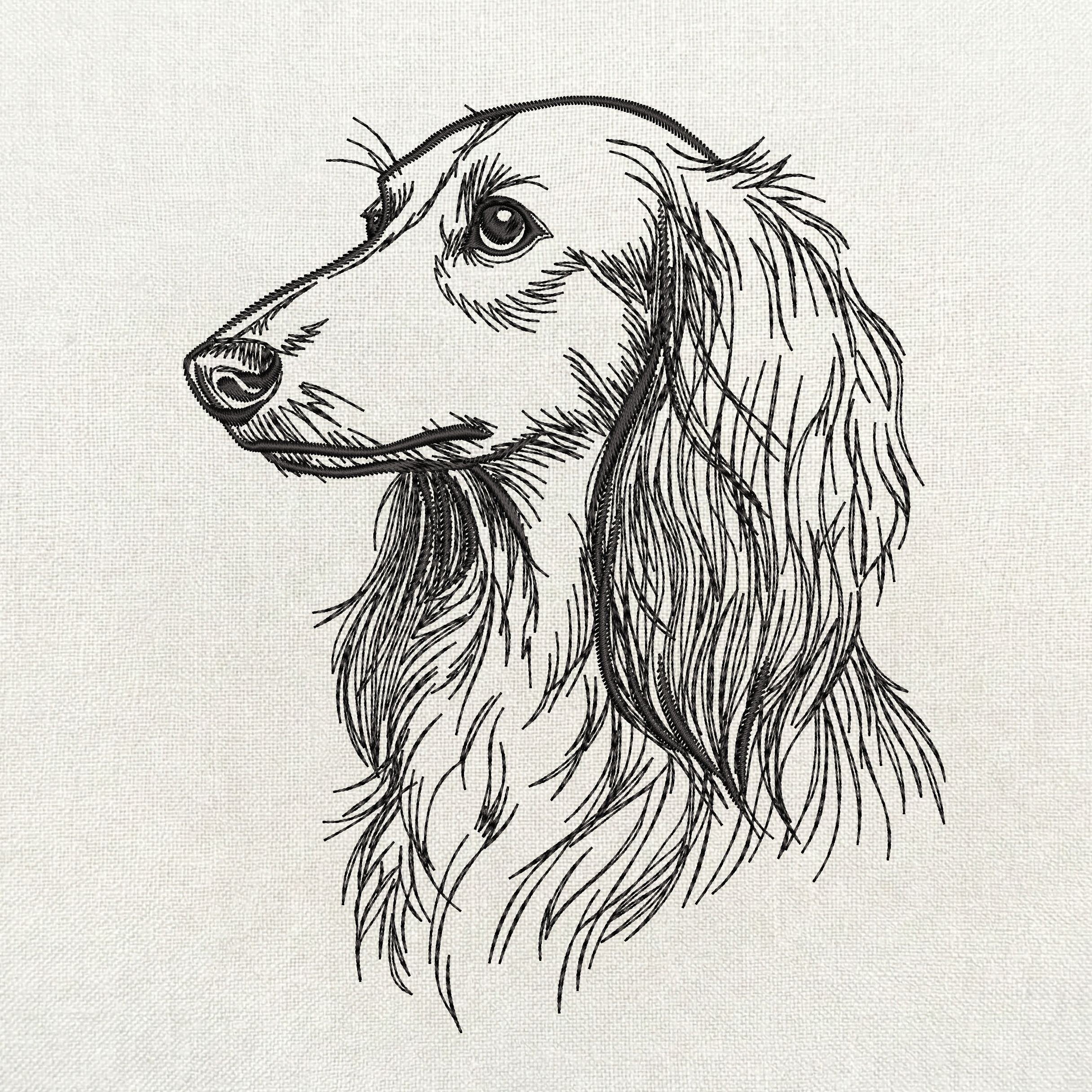Long haired dachshund side profile portrait line art embroidery pattern.