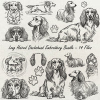Long haired dachshund line art machine embroidery bundle with fourteen designs.