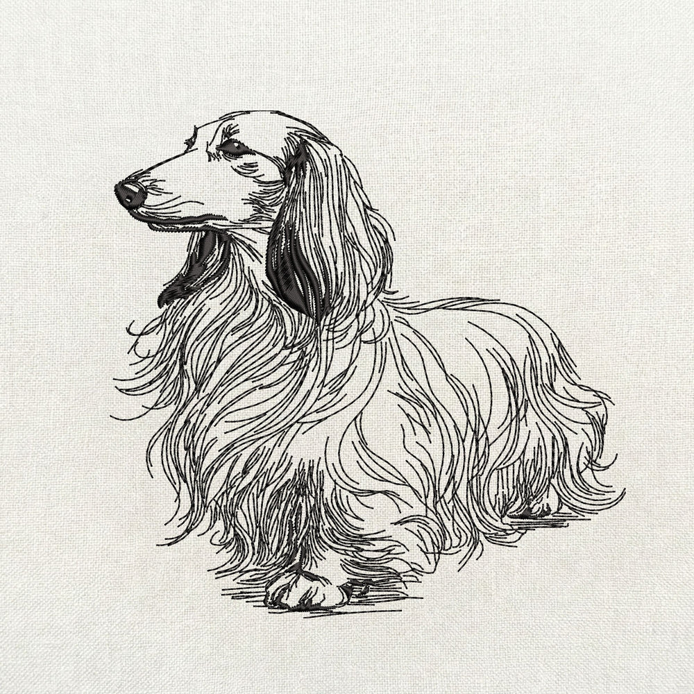 Long haired dachshund line art machine embroidery design in single color digital file for instant download.