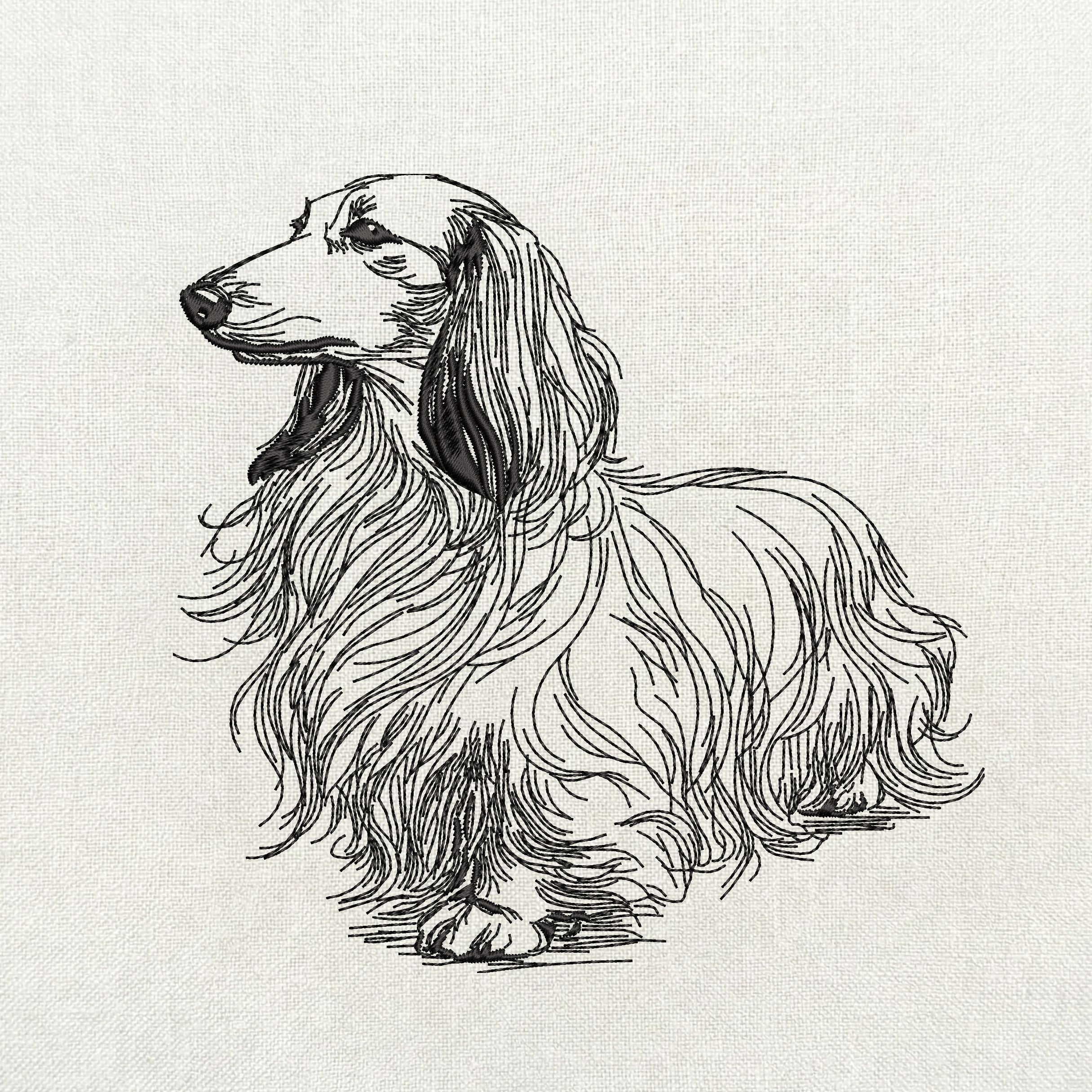 Long haired dachshund line art machine embroidery design in single color digital file for instant download.