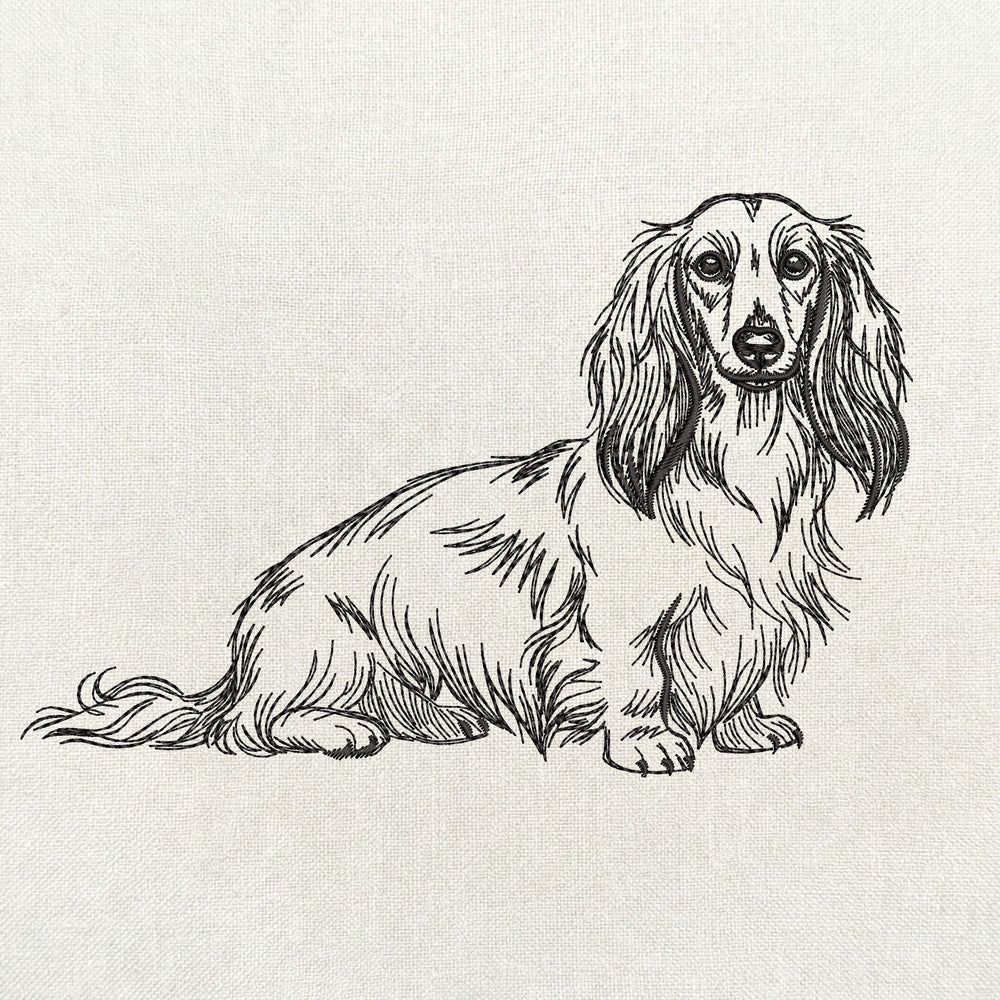 Long haired dachshund classic sitting pose machine embroidery file.