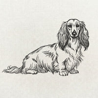 Long haired dachshund classic sitting pose machine embroidery file.