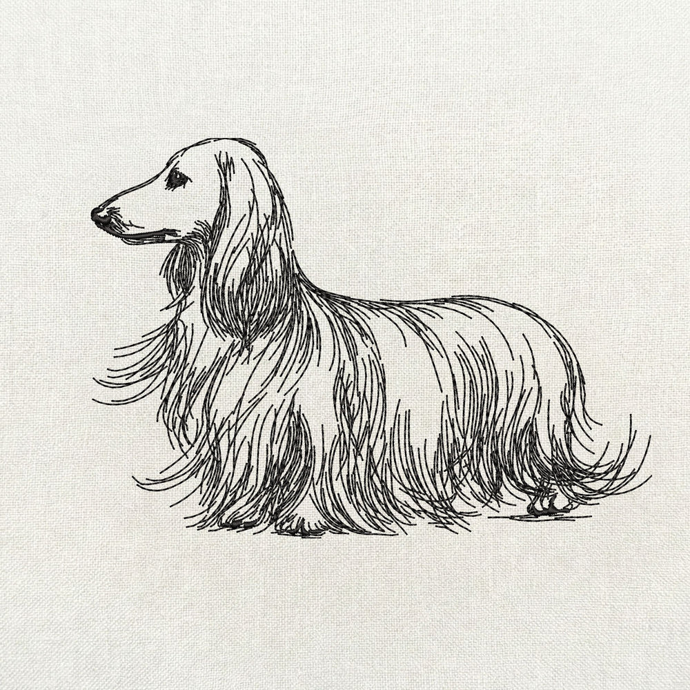 Long haired dachshund line art machine embroidery design in single color digital file for instant download.