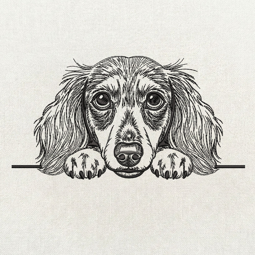Long haired dachshund head and paws peeking line art embroidery design digital file.
