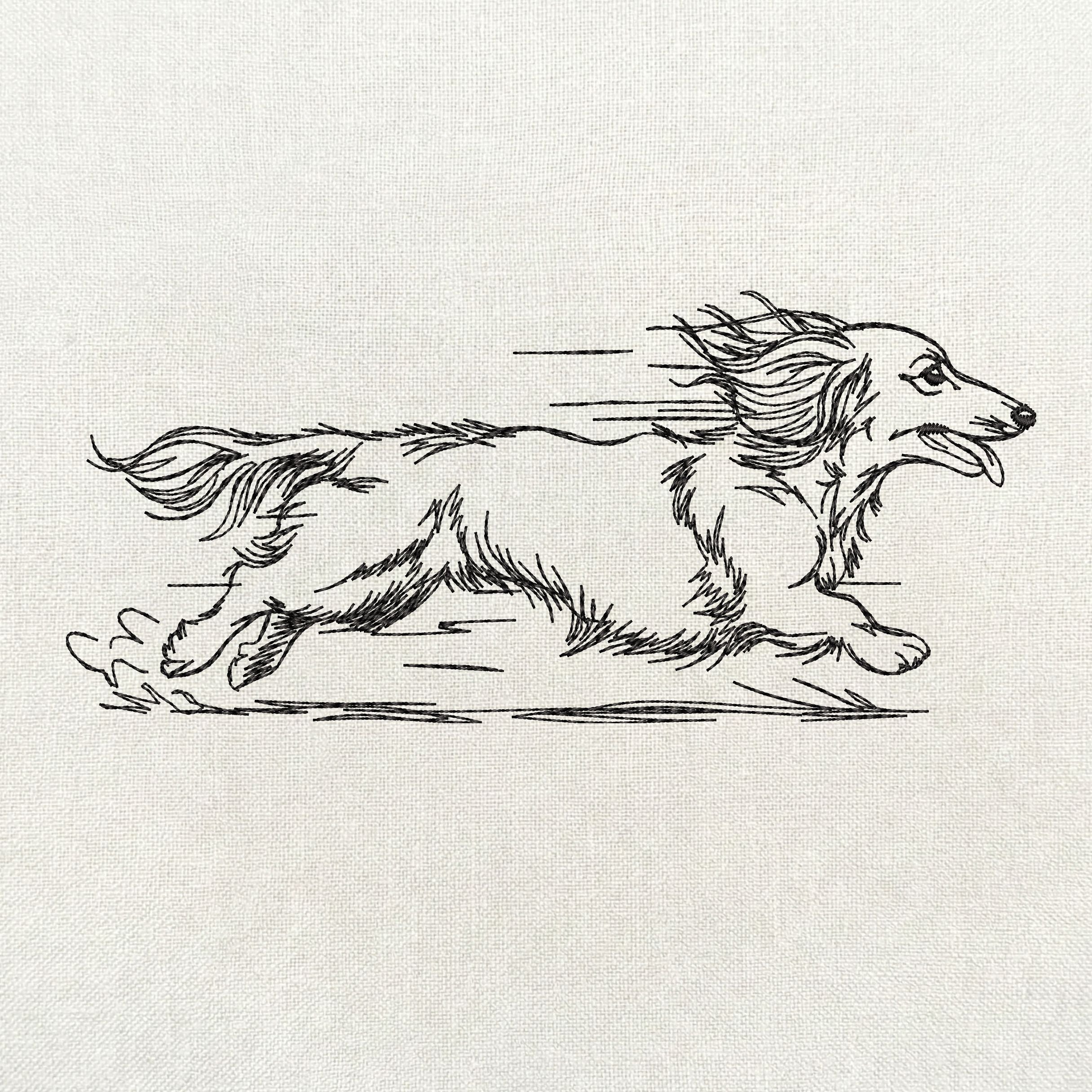 Long haired dachshund line art machine embroidery bundle with fourteen designs.