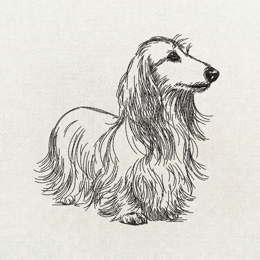Long haired dachshund minimalist line art machine embroidery file in single color style.