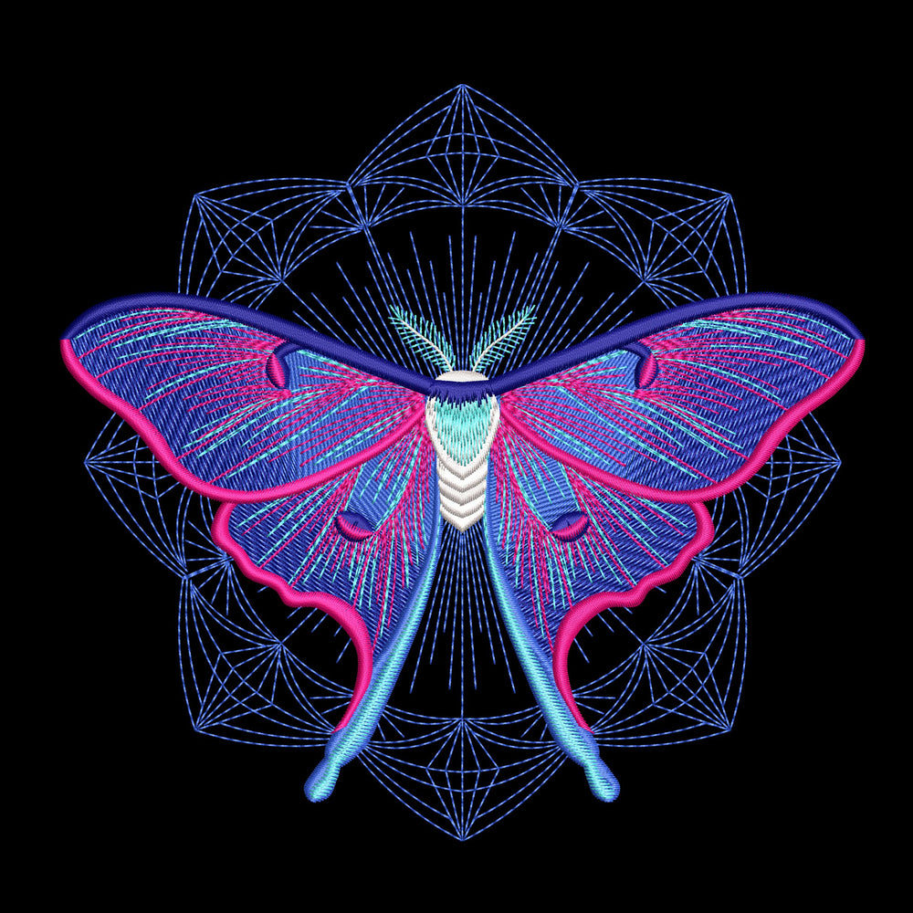 Colorful luna moth machine embroidery design with geometric sacred pattern background