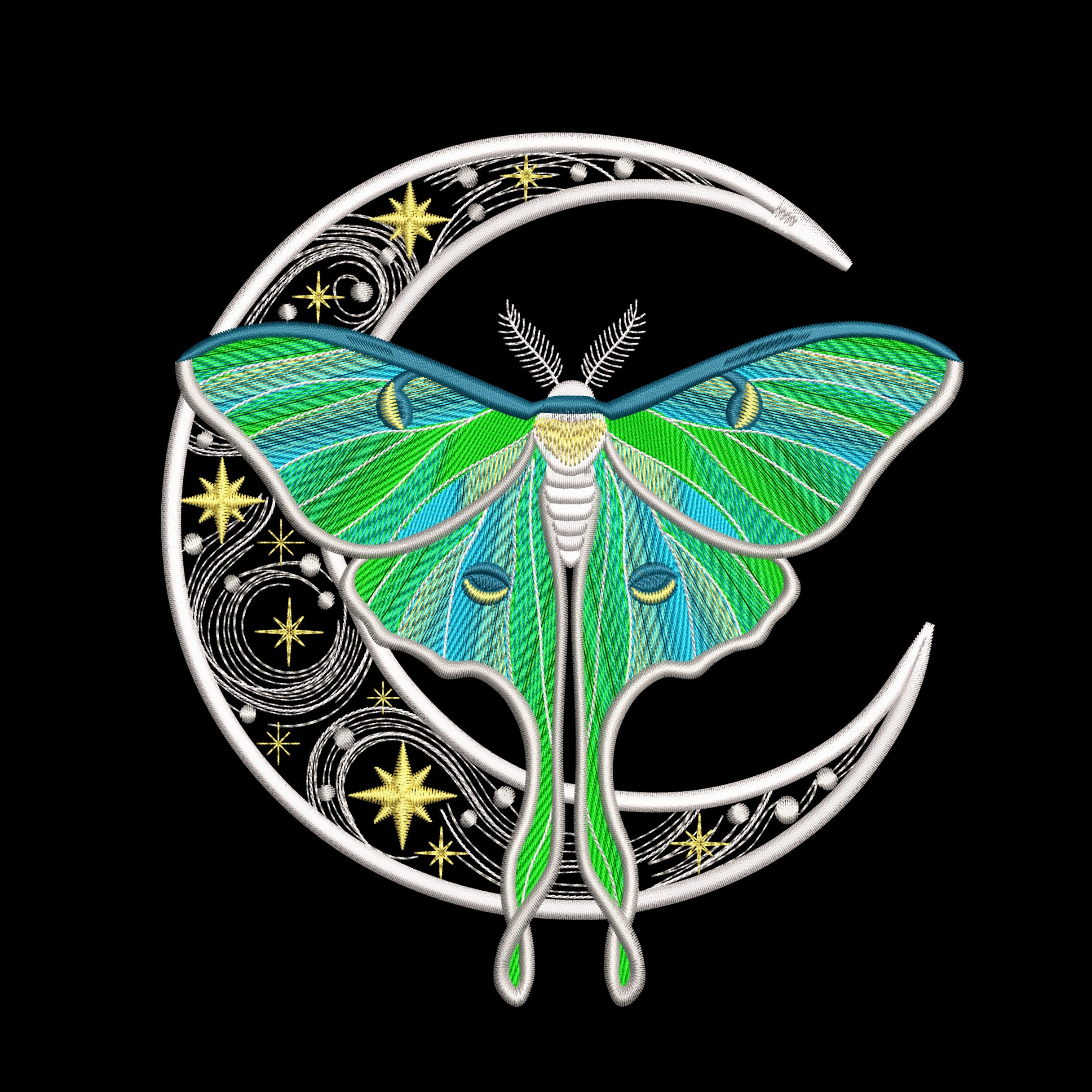Four luna moth machine embroidery designs with celestial and decorative elements