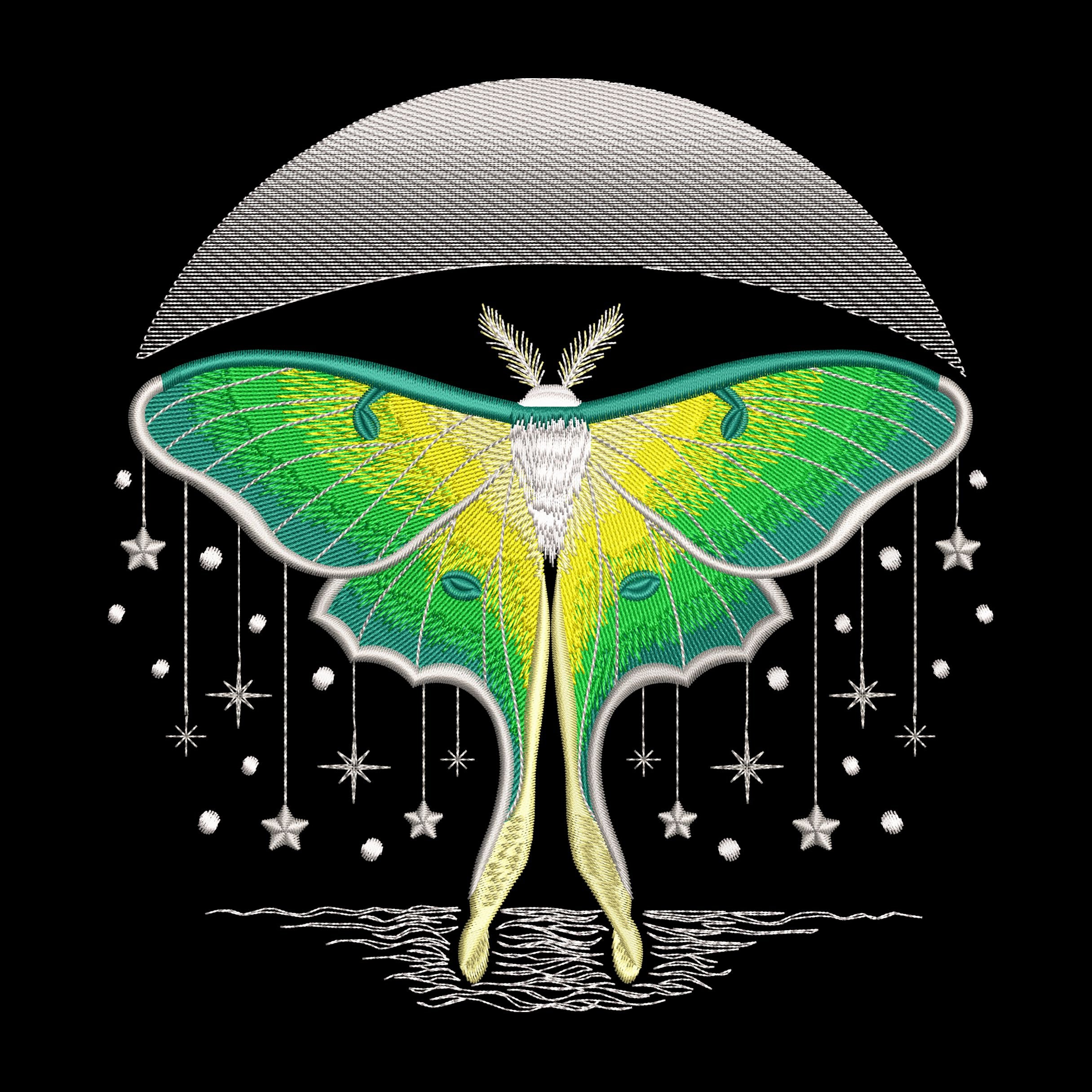 Four luna moth machine embroidery designs with celestial and decorative elements