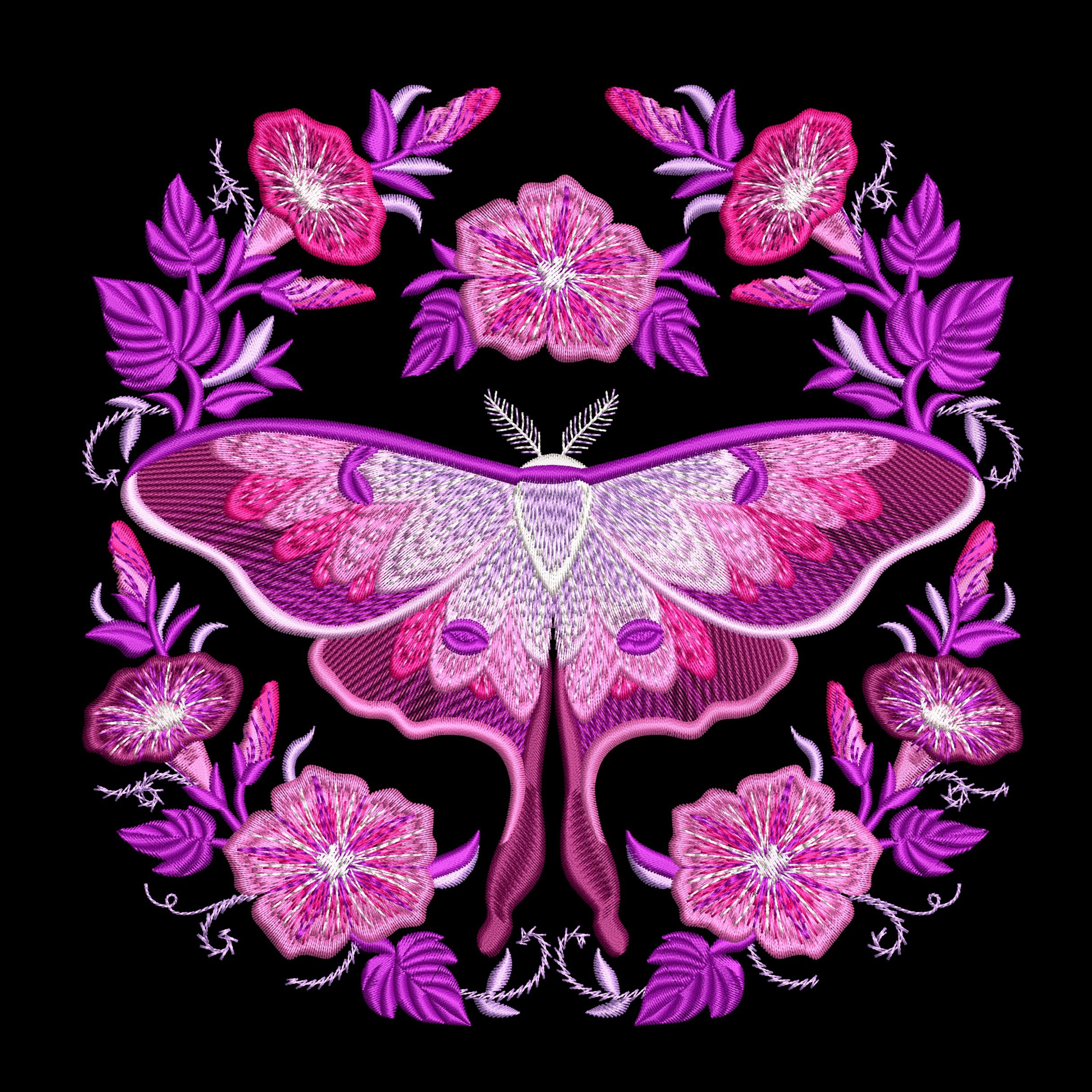 Four luna moth machine embroidery designs with celestial and decorative elements