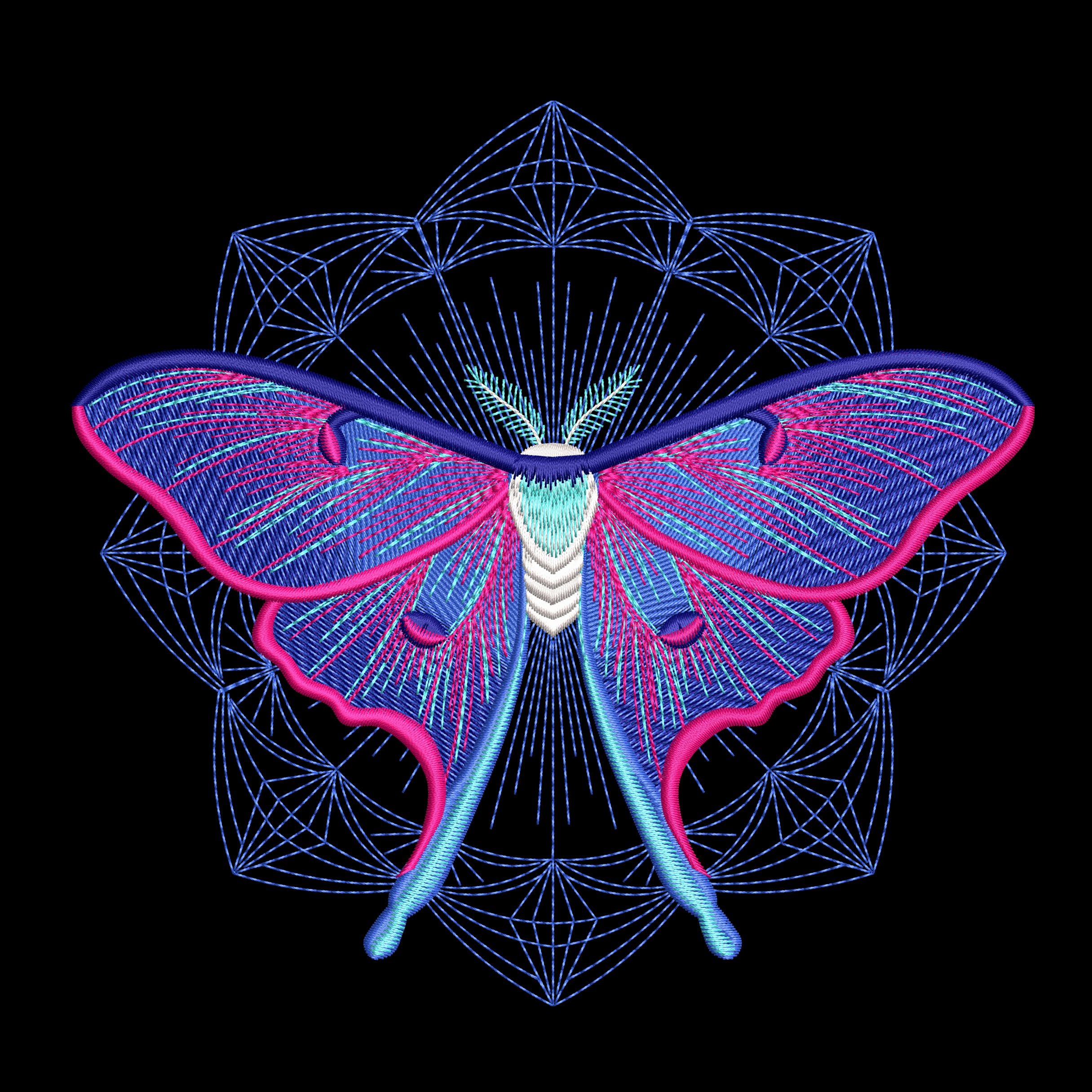 Four luna moth machine embroidery designs with celestial and decorative elements