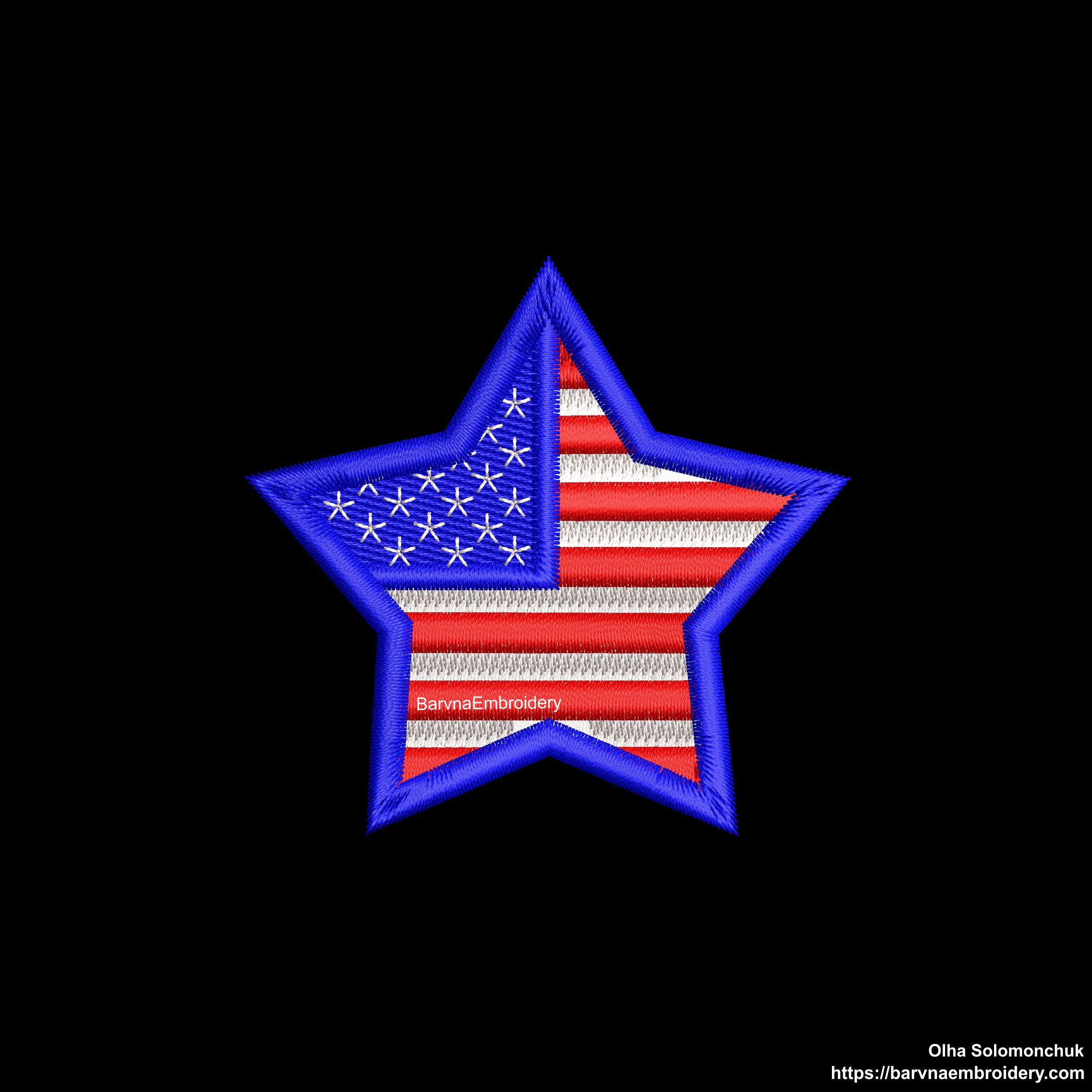 Machine embroidery design of a star filled with the USA flag, perfect for patriotic decorations and patches.