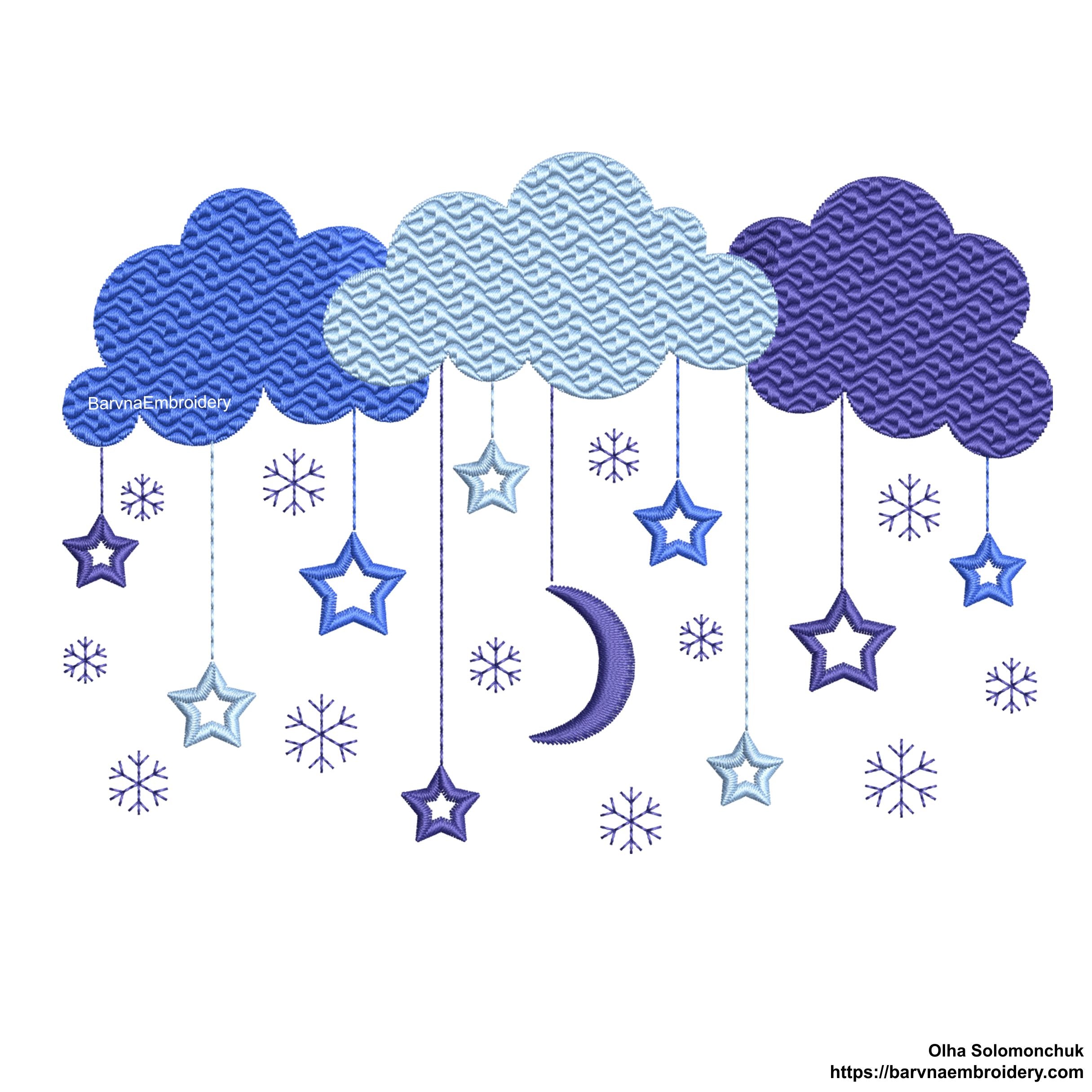 Machine embroidery designs. Winter night sky embroidery designs. Christmas, Snowflakes, Clouds, Stars. Instant download