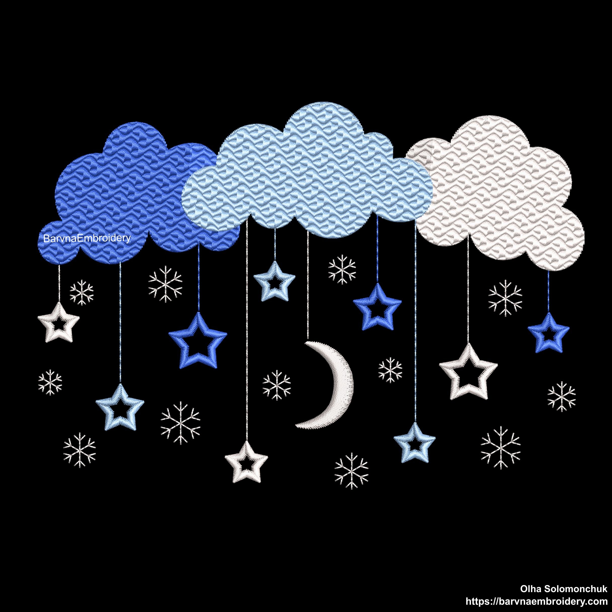 Machine embroidery designs. Winter night sky embroidery designs. Christmas, Snowflakes, Clouds, Stars. Instant download