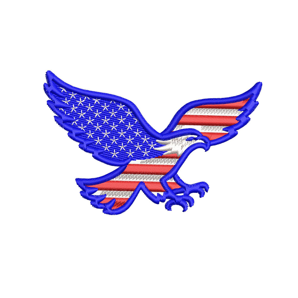 Machine embroidery design of a bald eagle in USA flag colors, perfect for patriotic patches and decor.