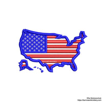 Machine embroidery design of the USA map with American flag colors, great for patriotic patches and decor.