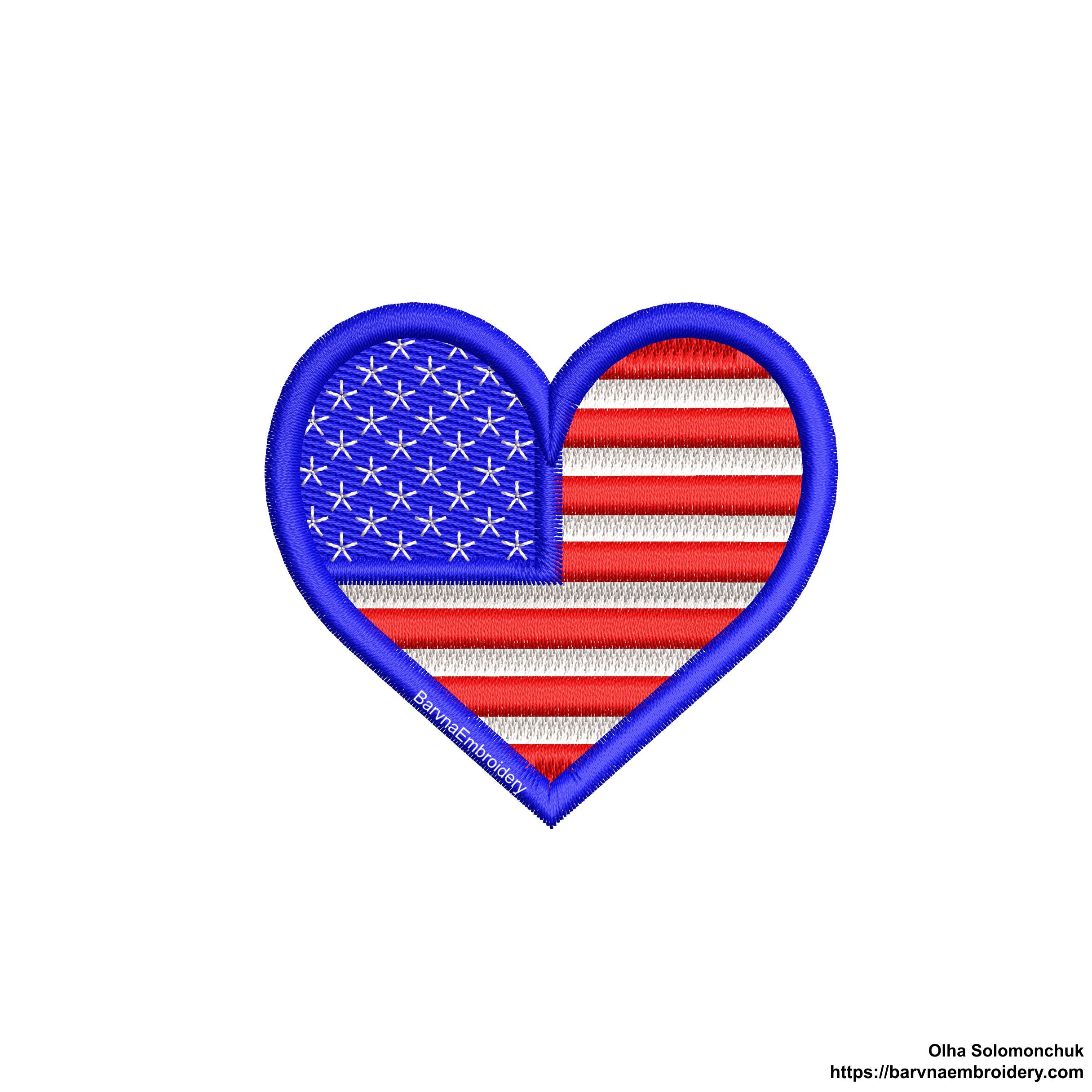 Machine embroidery design of the USA flag in the shape of a heart, perfect for patriotic projects.