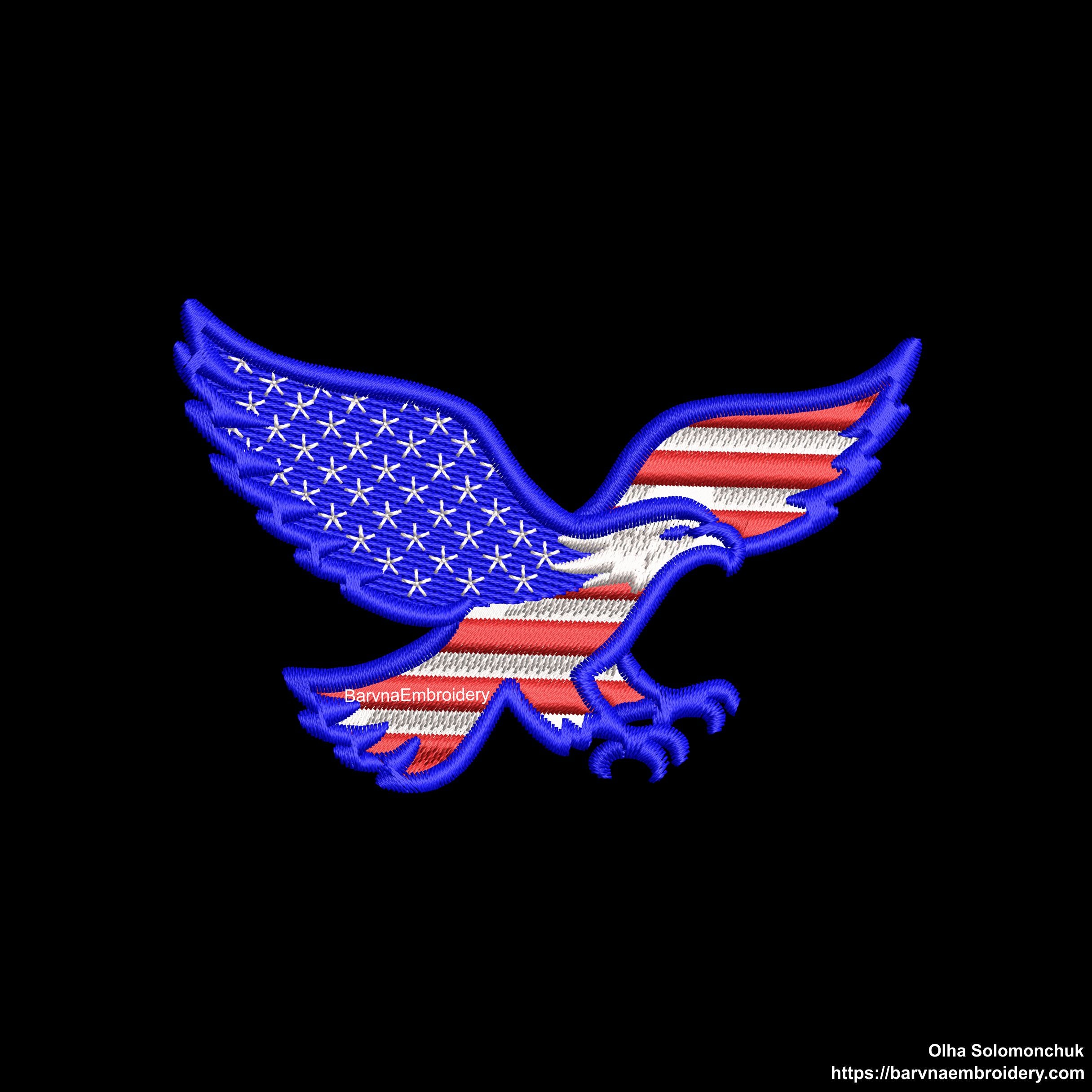 Machine embroidery design of a bald eagle in USA flag colors, perfect for patriotic patches and decor.