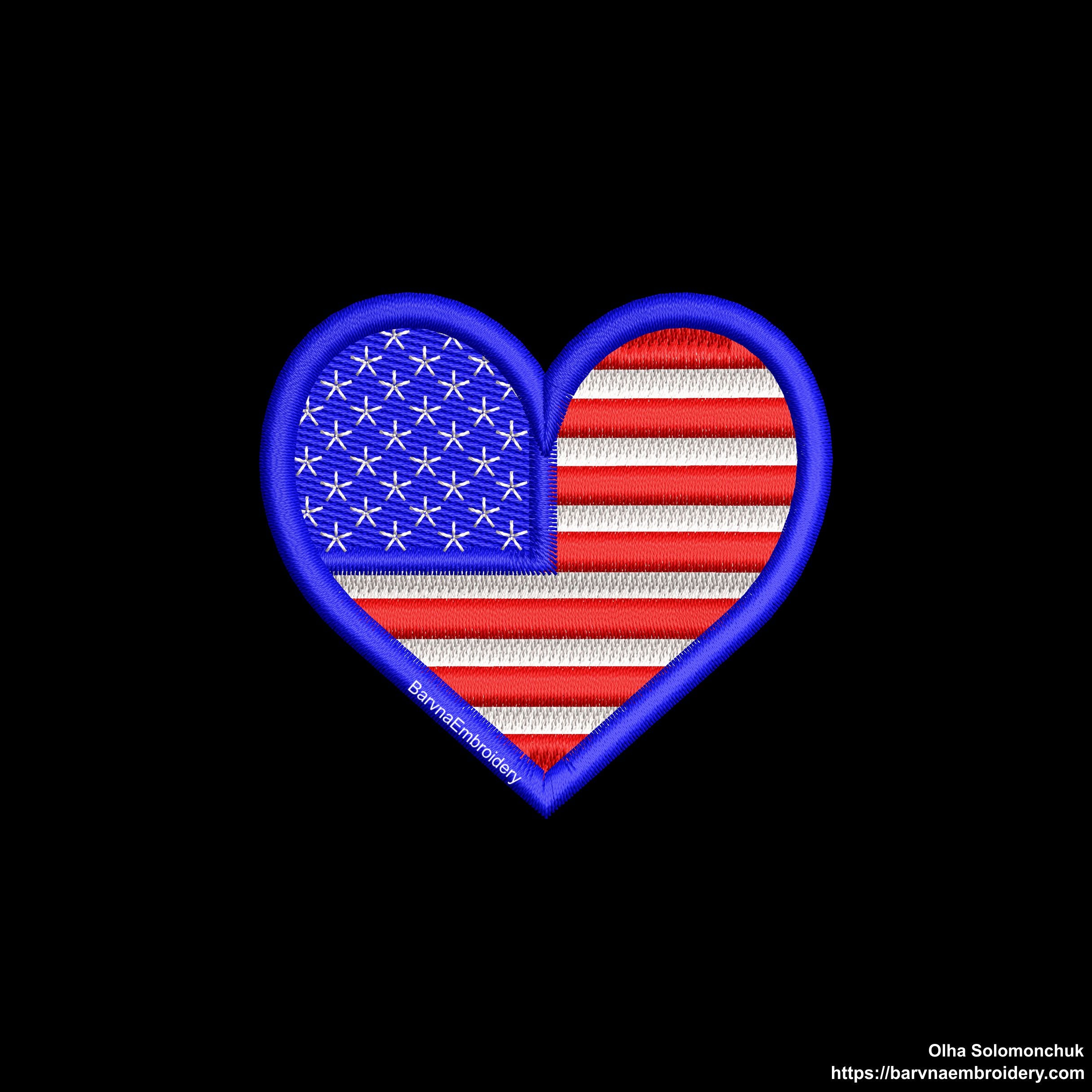 Machine embroidery design of the USA flag in the shape of a heart, perfect for patriotic projects.