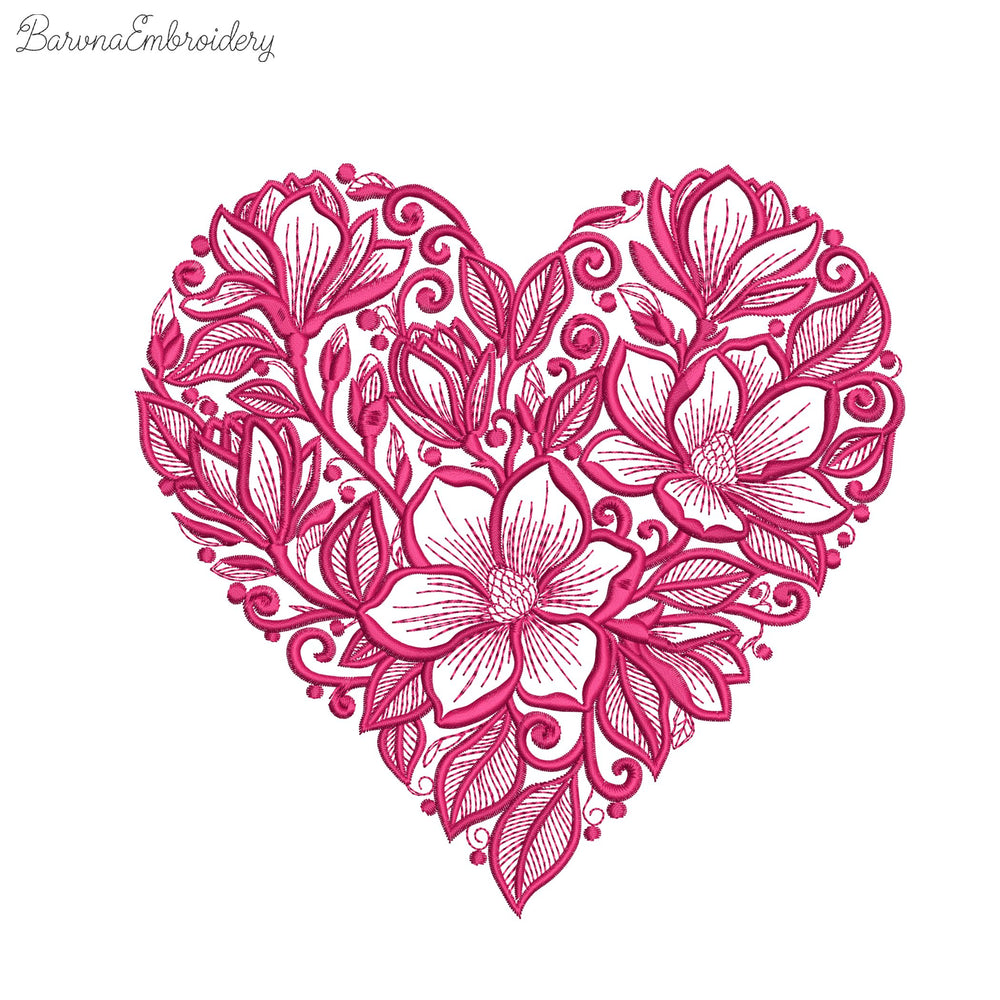 Floral heart machine embroidery design in one color with soft botanical shapes, elegant love themed embroidery pattern.