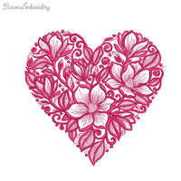 Floral heart machine embroidery design in one color with soft botanical shapes, elegant love themed embroidery pattern.