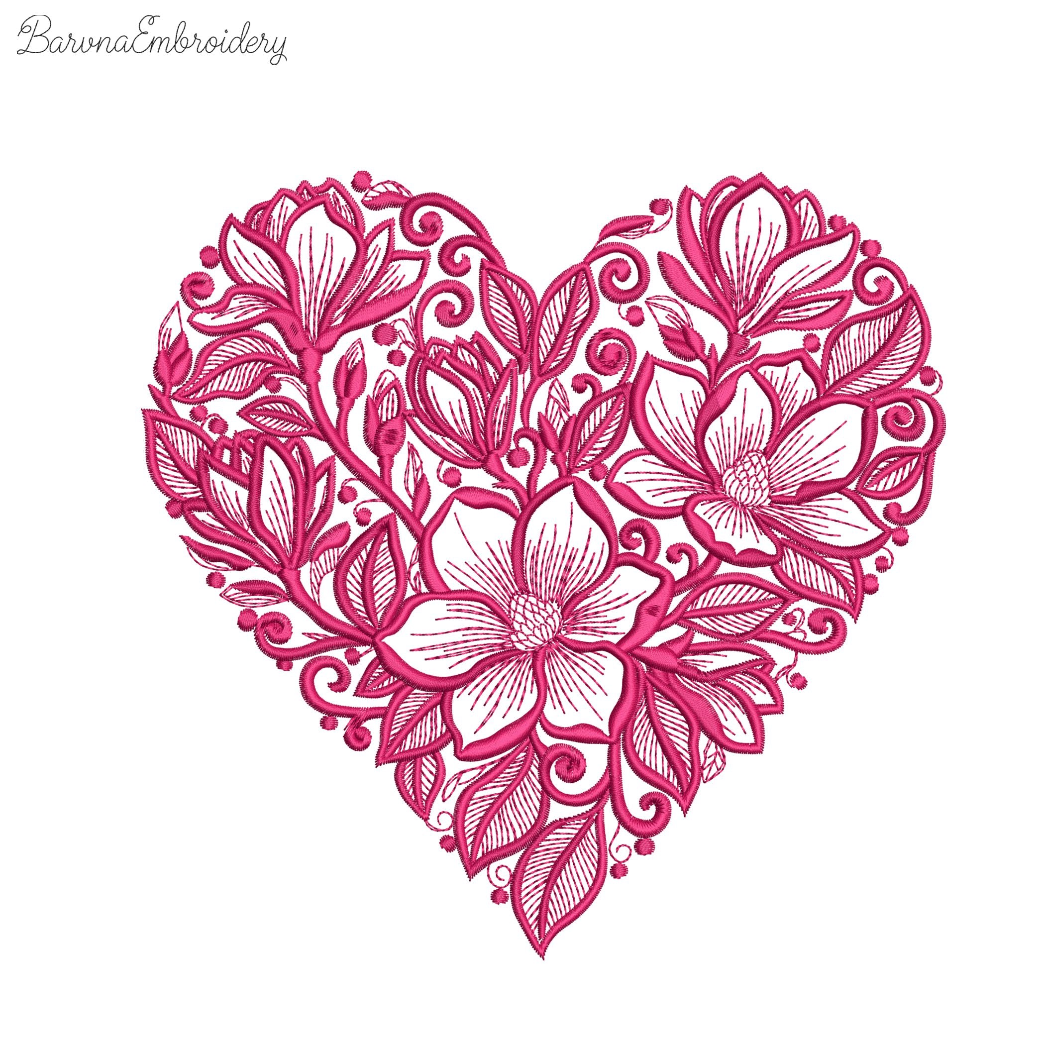 Floral heart machine embroidery design in one color with soft botanical shapes, elegant love themed embroidery pattern.