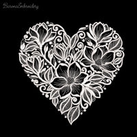 Floral heart machine embroidery design in one color with soft botanical shapes, elegant love themed embroidery pattern.