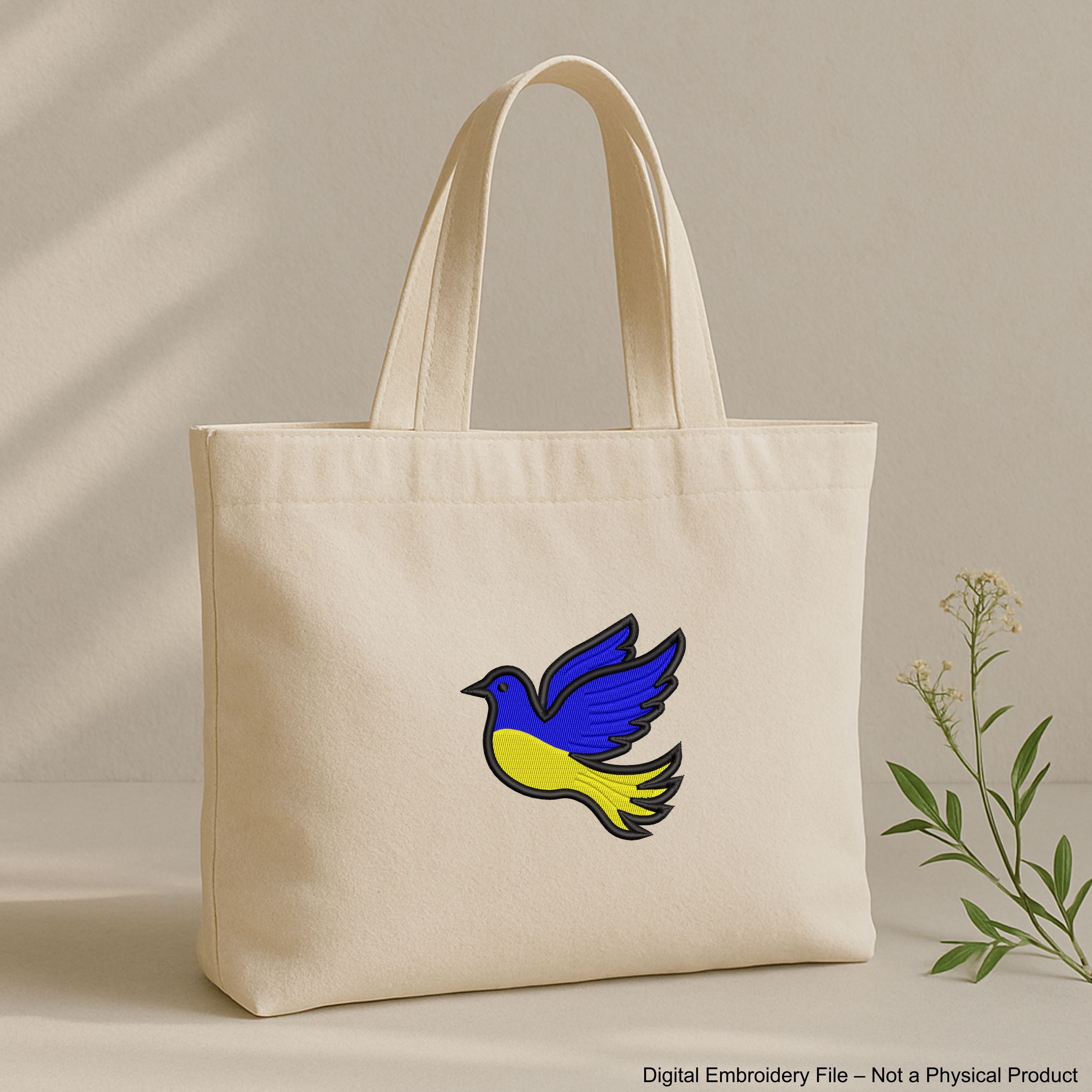Ukrainian flag embroidery design shaped like a dove with a satin border – ideal for patches or stitching on shirts, bags, or decor.