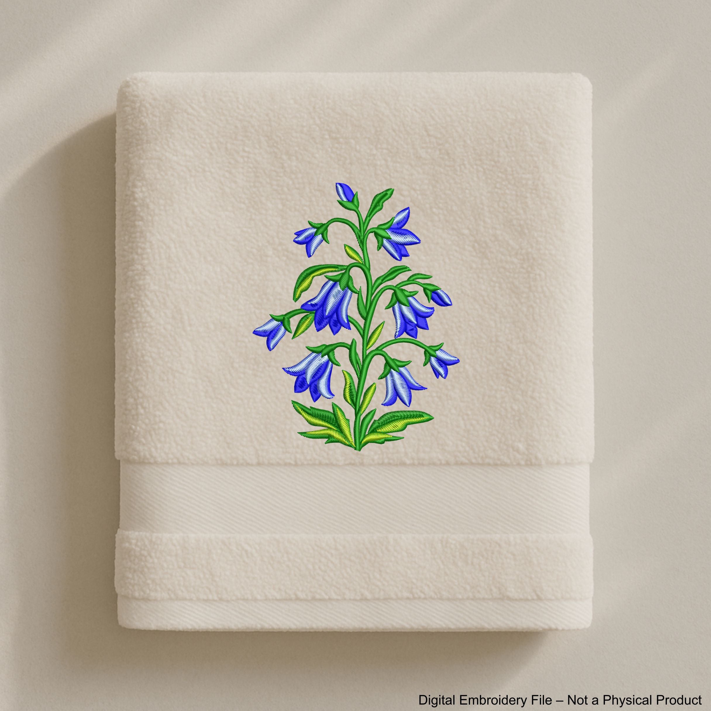 This digital embroidery design features a delicate bellflower branch.