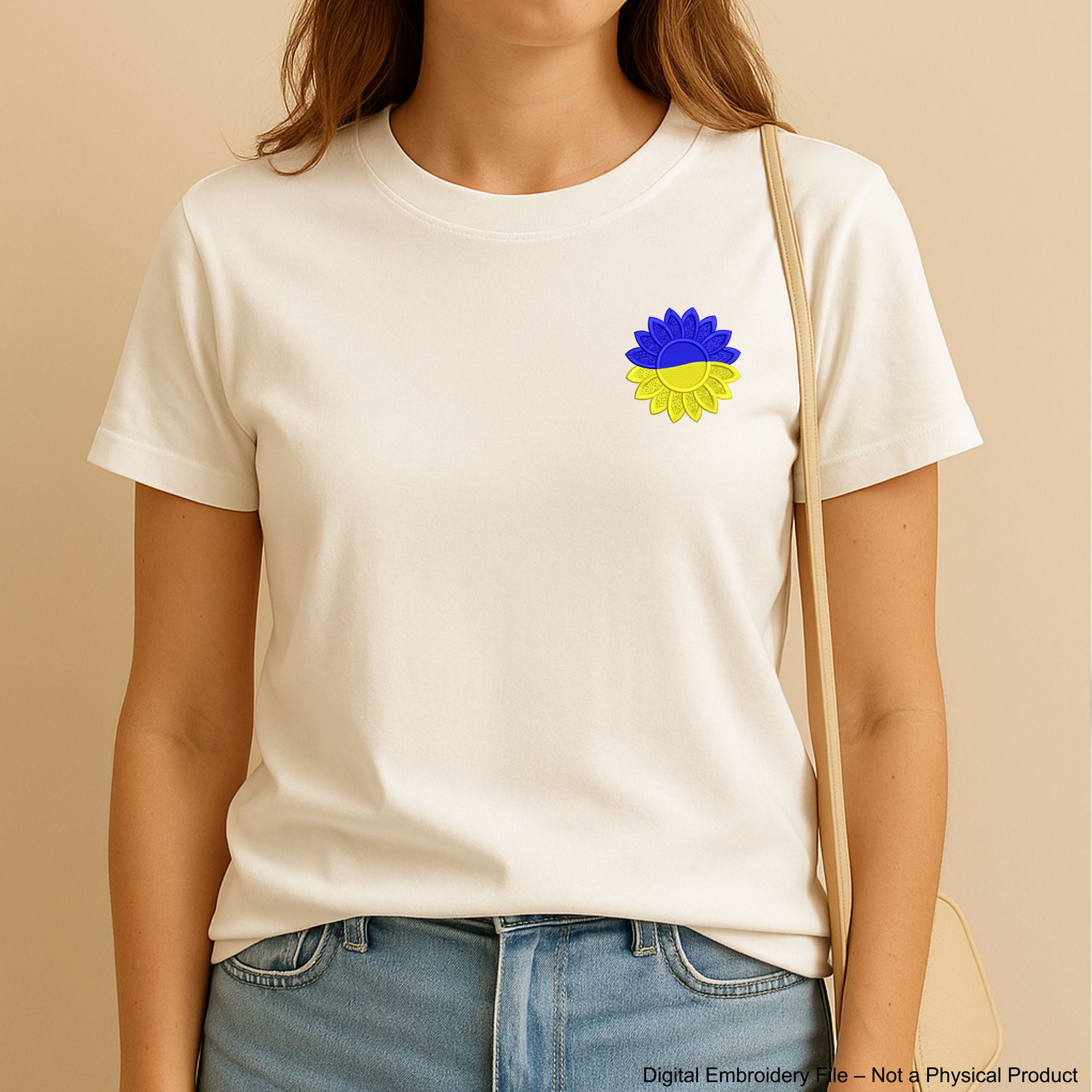 Sunflower Ukrainian flag embroidery design with satin border – ideal as a patch or for shirts, bags, and patriotic decor.