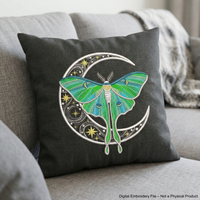Four luna moth machine embroidery designs with celestial and decorative elements