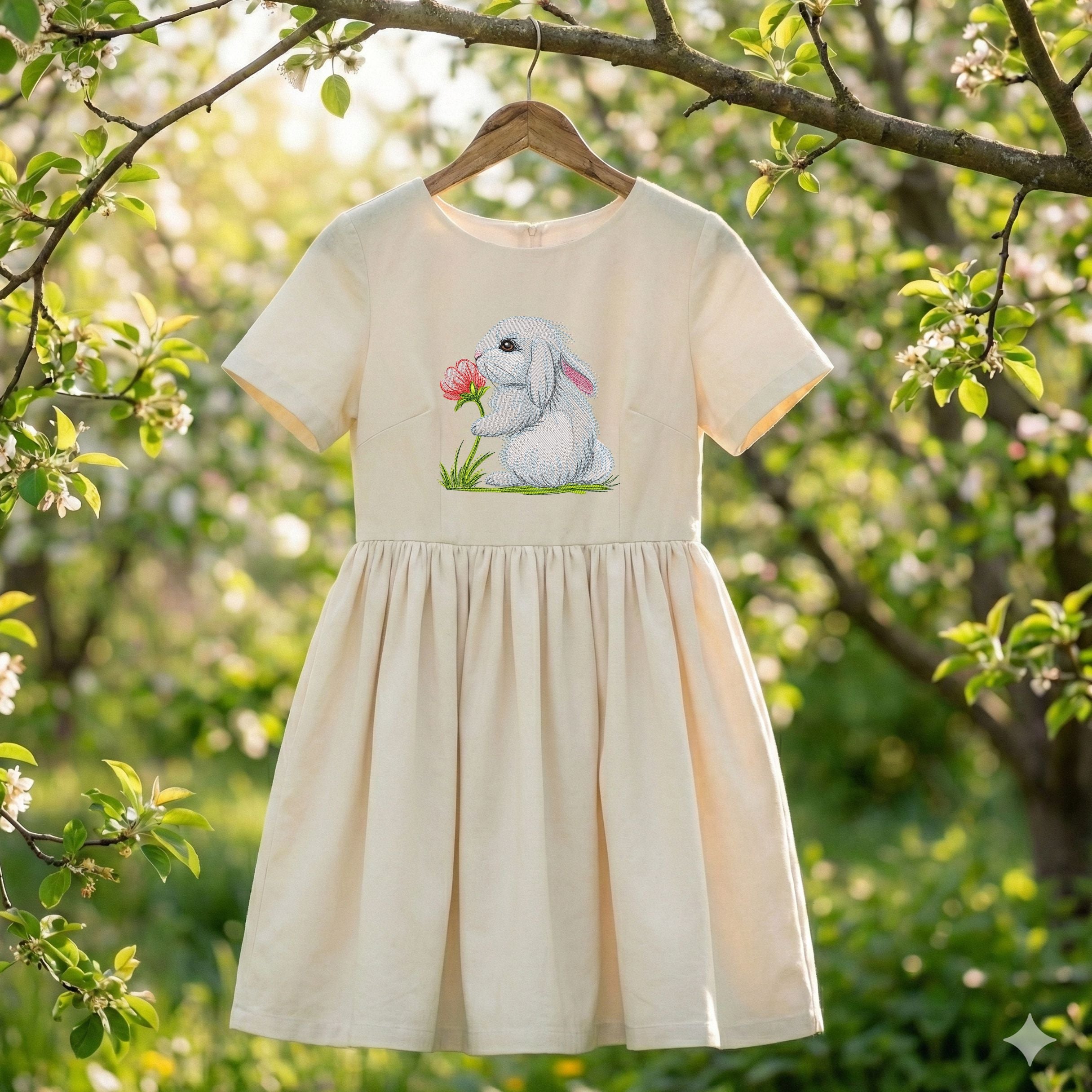 Cute bunny machine embroidery design sniffing a flower, soft spring animal embroidery pattern for kids and creative projects