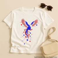 Machine embroidery design of an American eagle in red, white, and blue, with patriotic stars in flying motion, ideal for 4th of July and USA-themed projects.