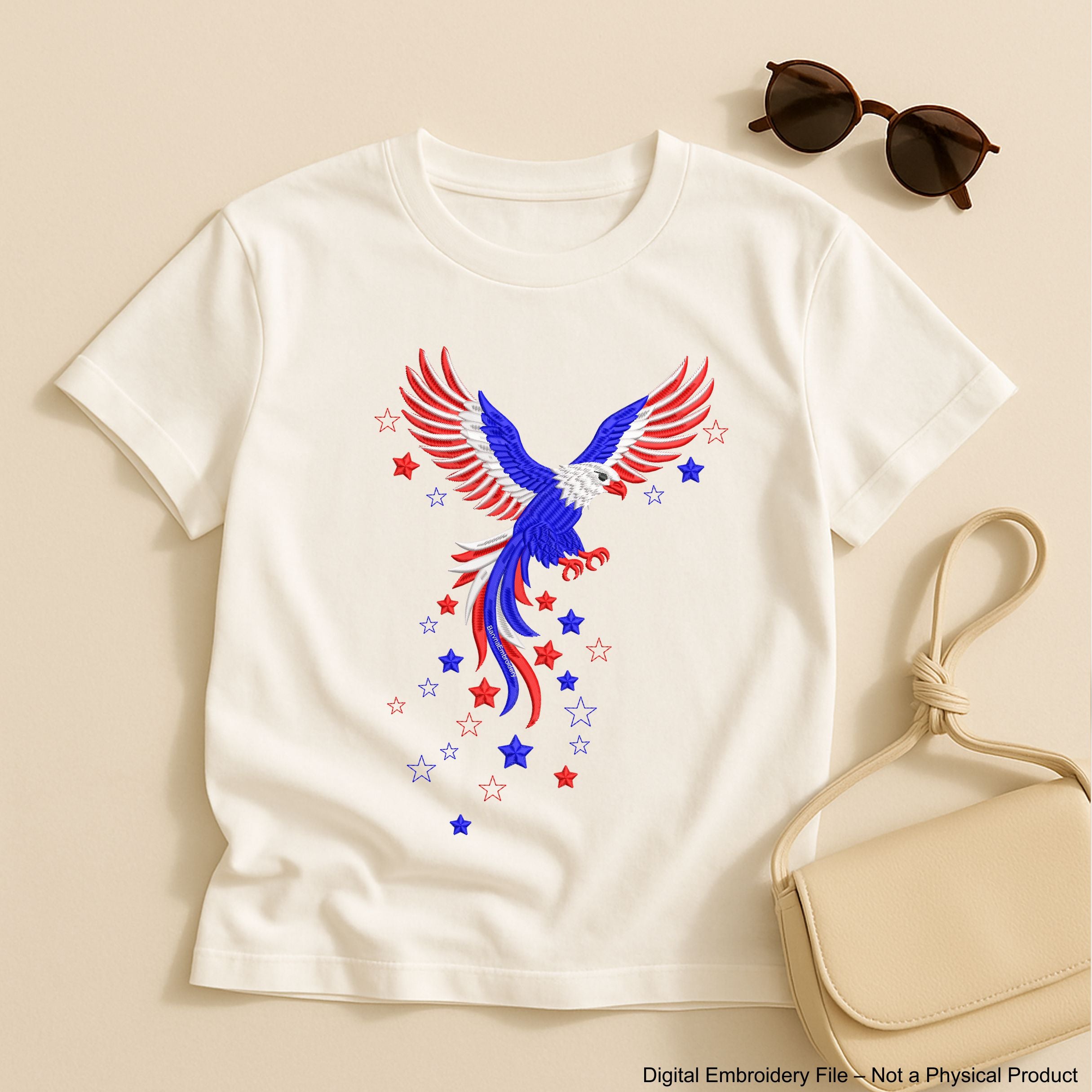 Machine embroidery design of an American eagle in red, white, and blue, with patriotic stars in flying motion, ideal for 4th of July and USA-themed projects.