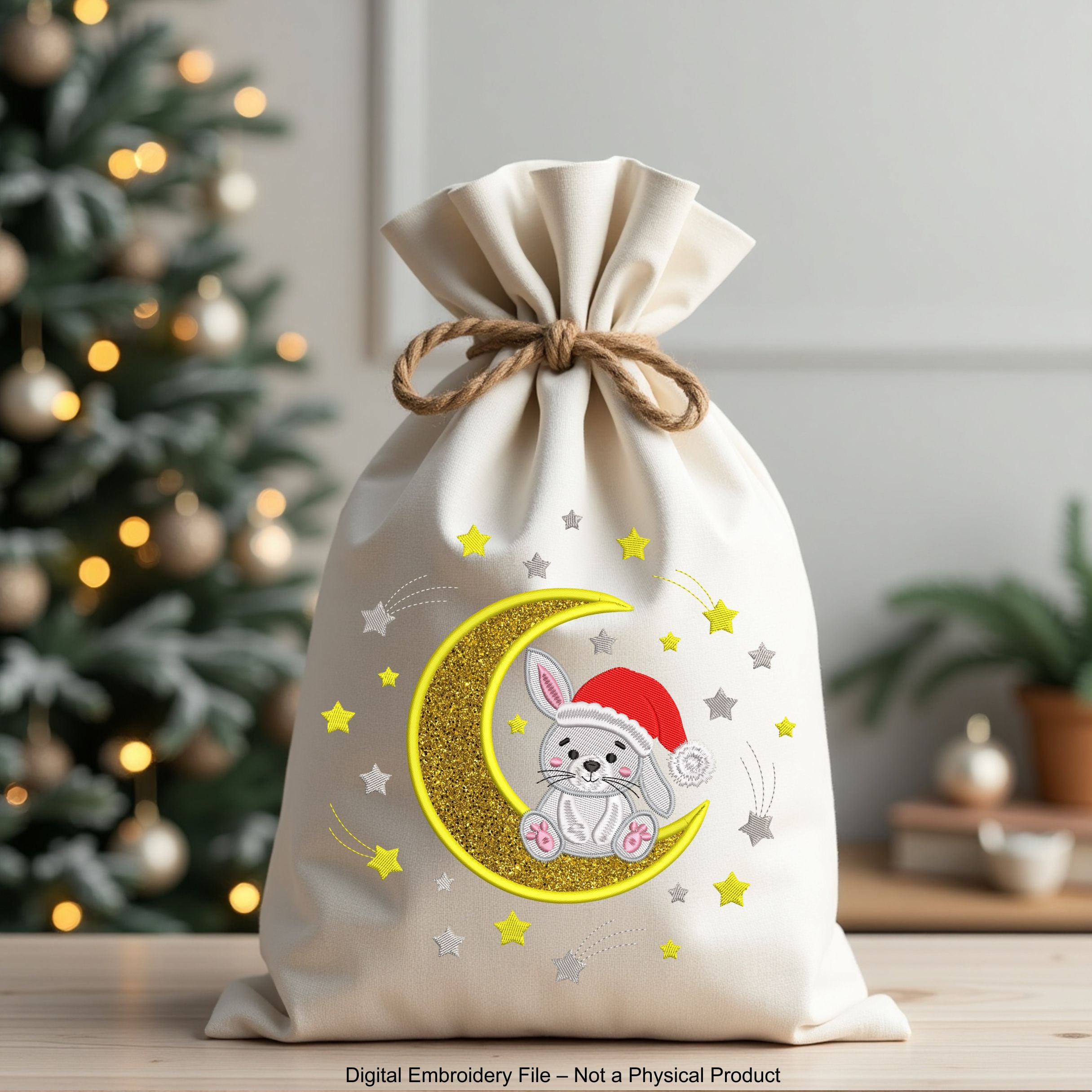 Christmas Bunny Sitting on Moon with Santa Hat — Cute Applique Machine Embroidery Design