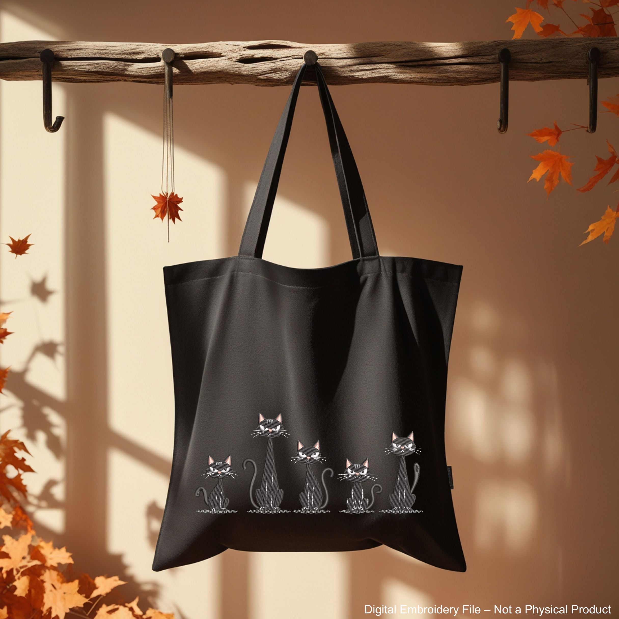 Five spooky black cats sitting in a row – cute Halloween machine embroidery design for clothes, bags, and home décor.