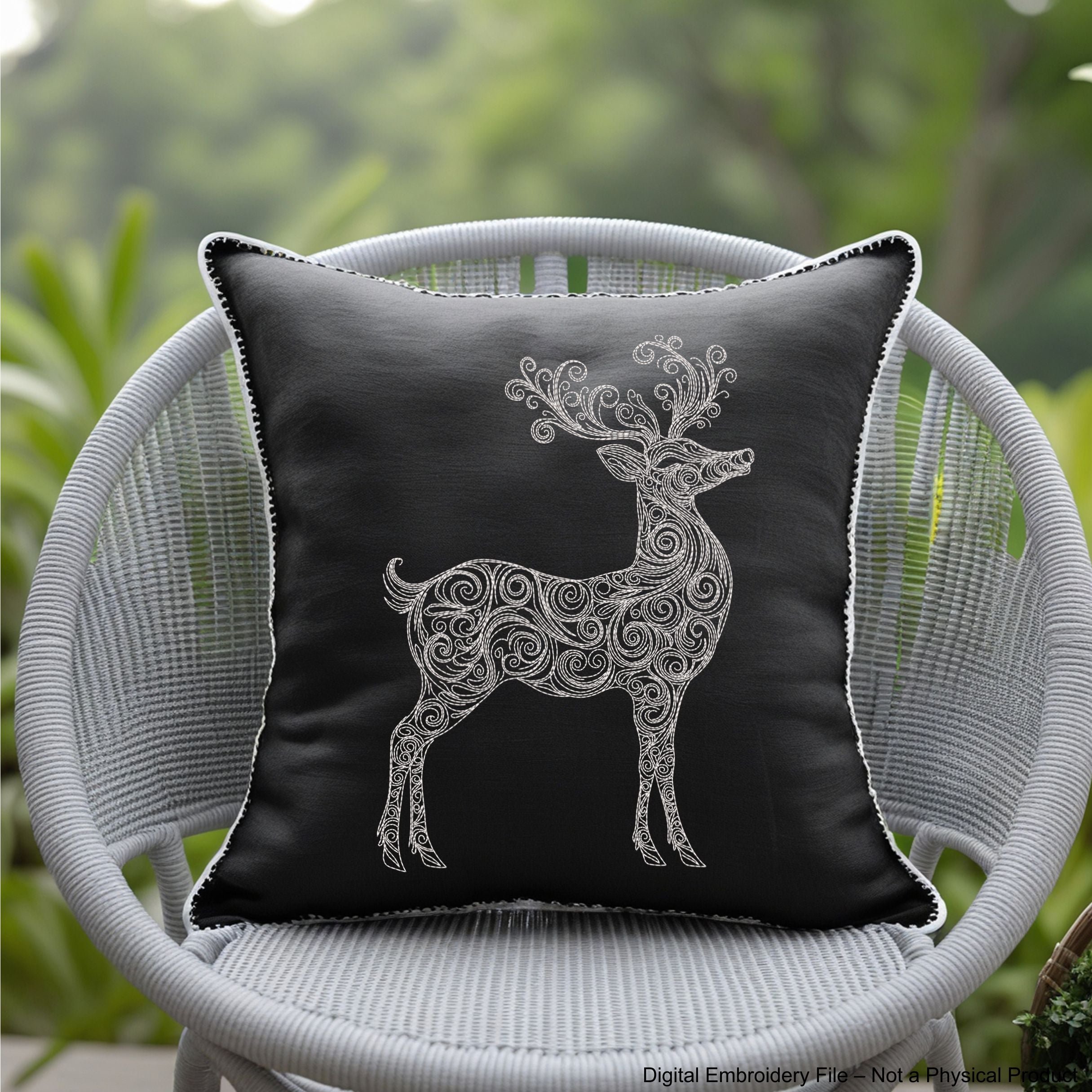 Standing deer embroidery design with swirls – one-color digital machine embroidery file for festive and seasonal projects.