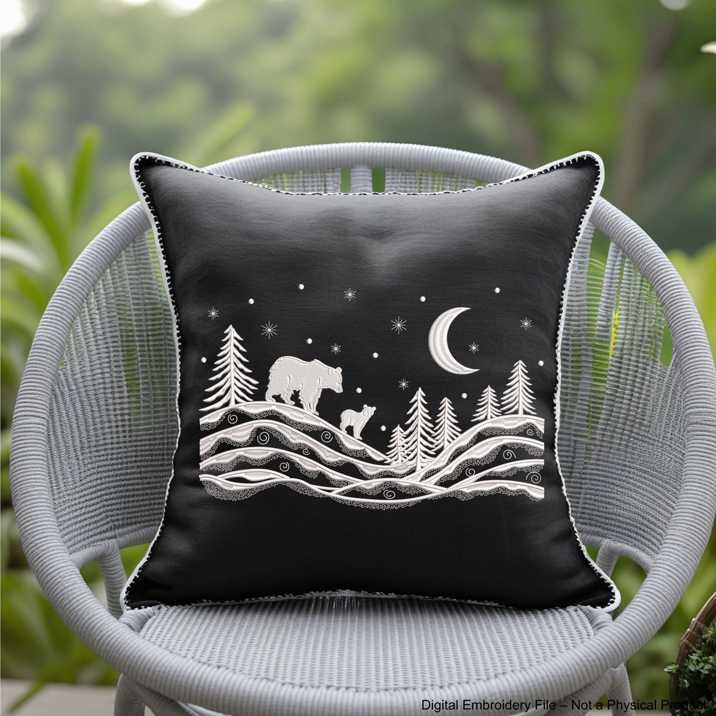 Winter landscape embroidery design with trees, two bears, stars, and moon – one-color machine embroidery file for Christmas and winter projects.