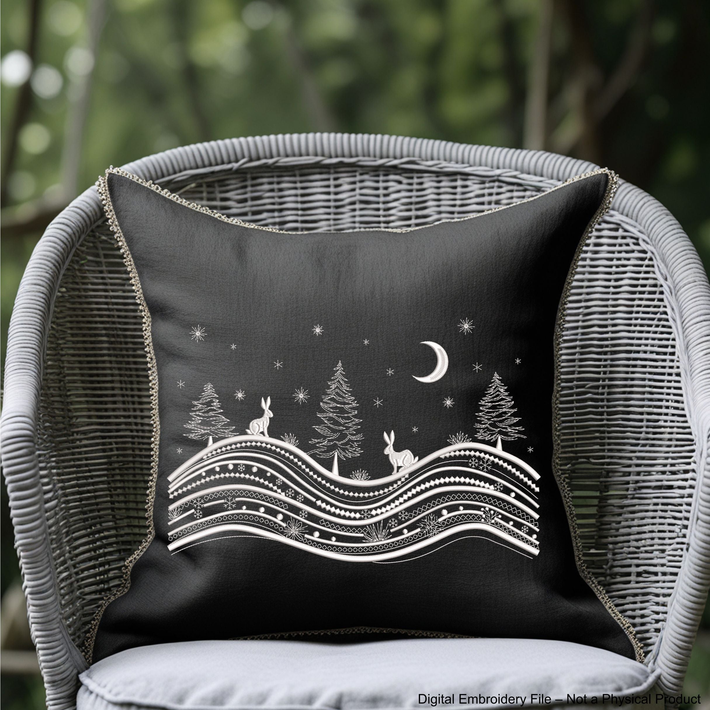 Winter landscape embroidery design with trees, moon, stars, and two rabbits – one-color digital file for holiday and Christmas projects.
